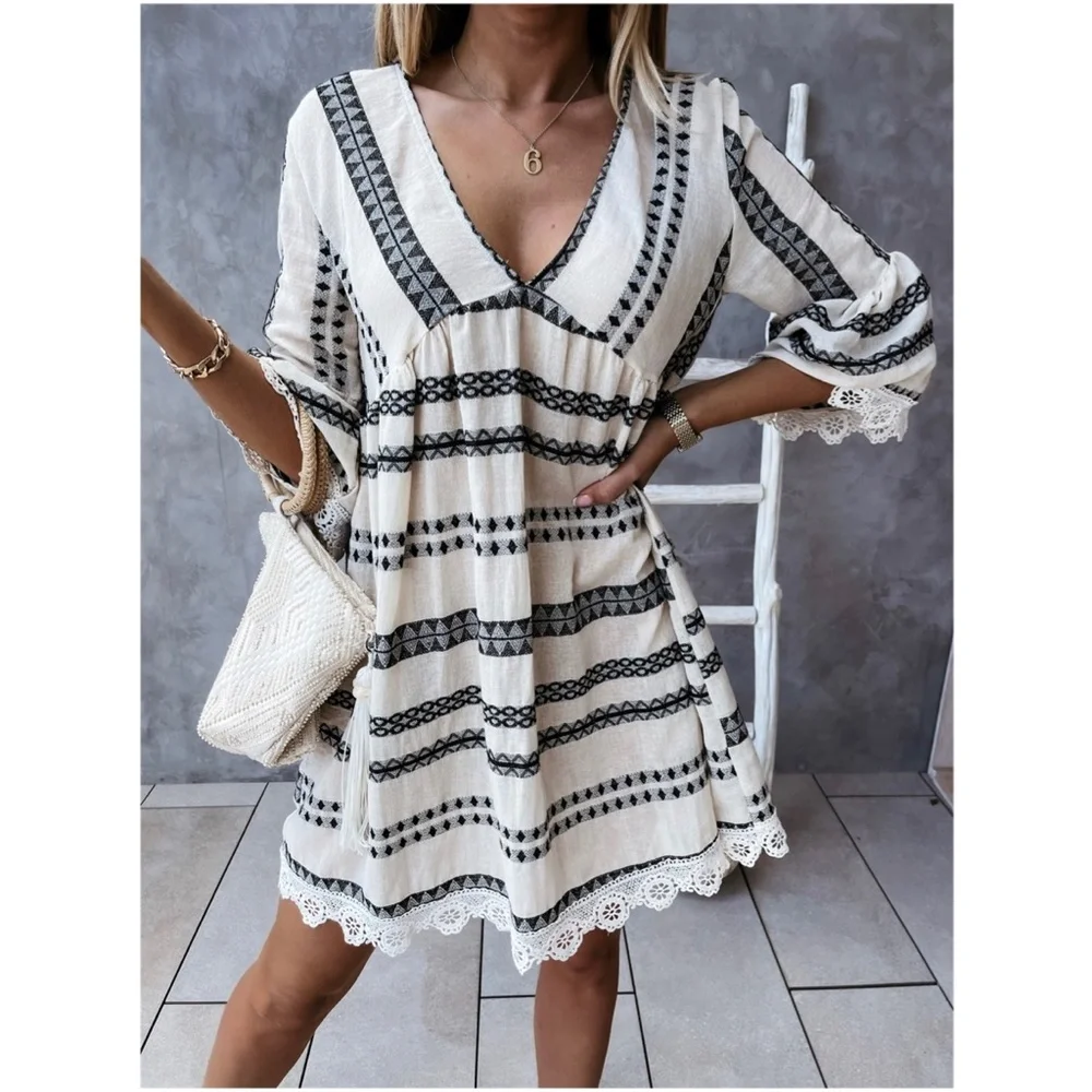 08 Boho Geo Stripes Floral Crochet hem Dress - Picture 1 of 3
